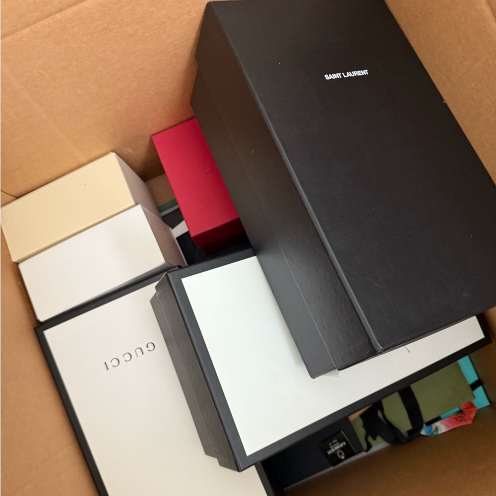 Empty designer boxes and bags